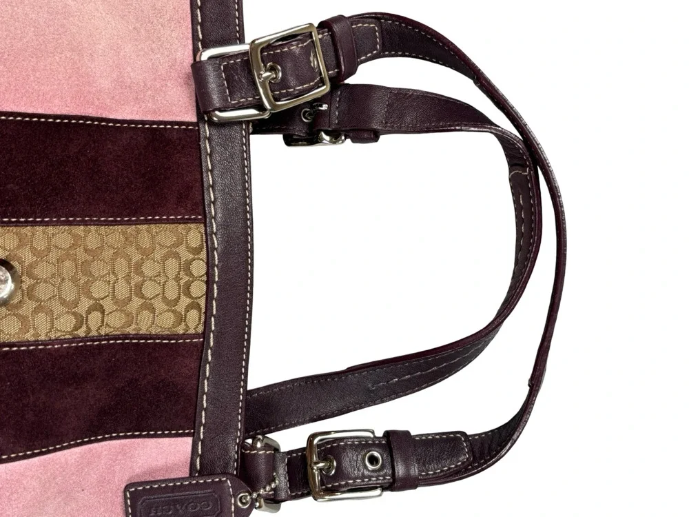 Coach Soho Striped Suede Signature Canvas Shoulder Bag Brown Pink Vintage Y2K